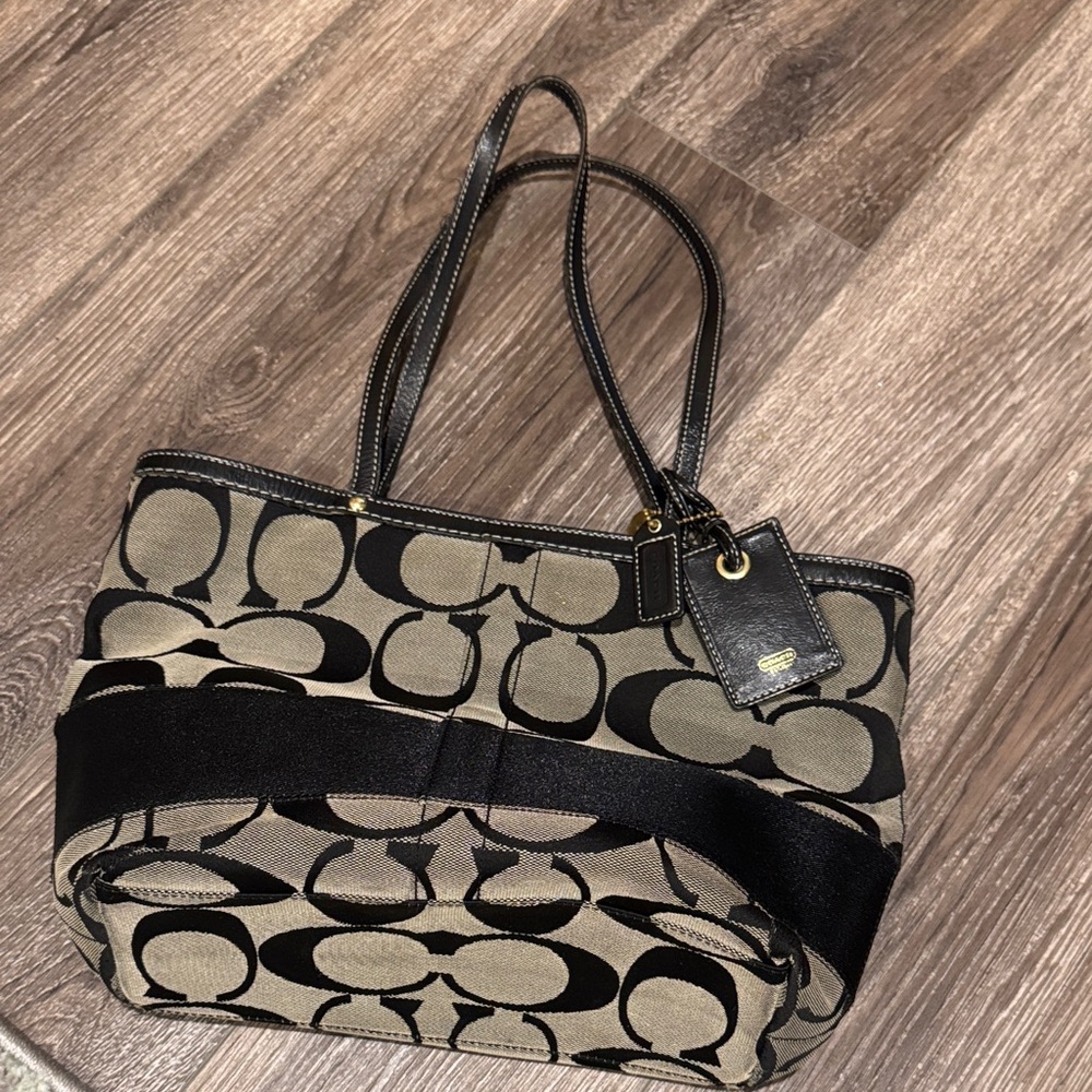 Coach Black and Tan Signature Shoulder Bag